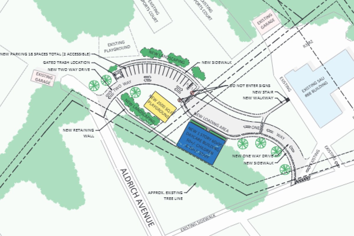 Site plan drawing of potential Boys & Girls Club childcare center on the former Seminary Hill School property in West Lebanon